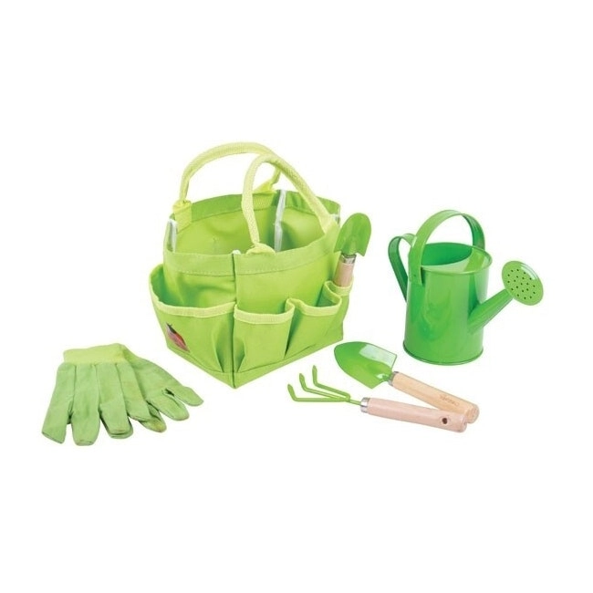 Bigjigs Toys Small Tote Bag w/ Garden Tools Kids/Children Sand Toy Green 3y+