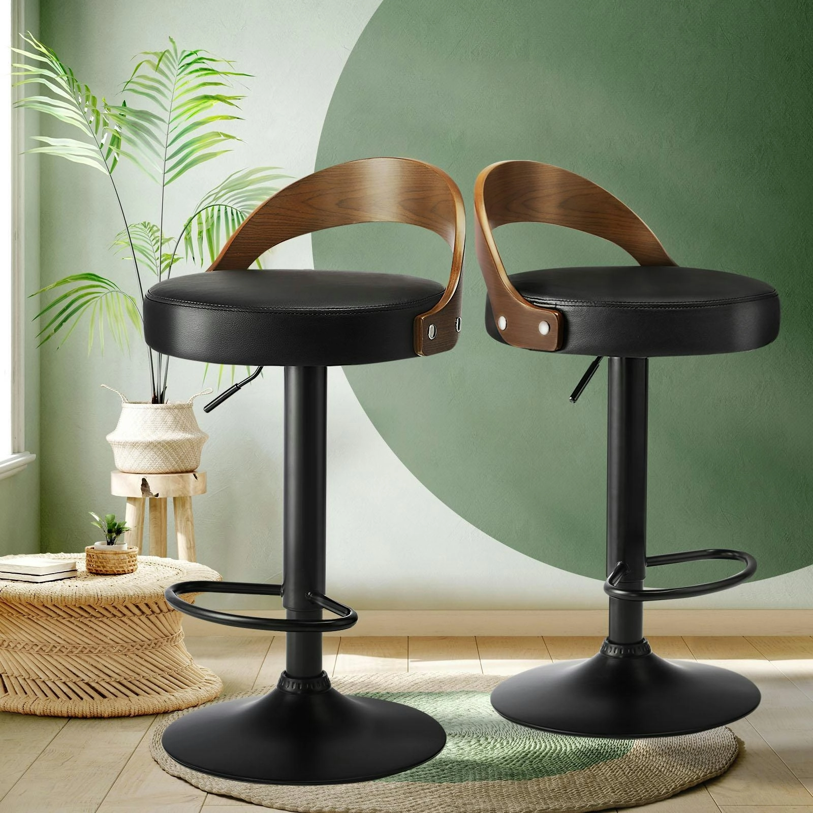 Oikiture Kitchen Bar Stools Gas Lift Swivel Chairs Stool Wooden PU Leather x2