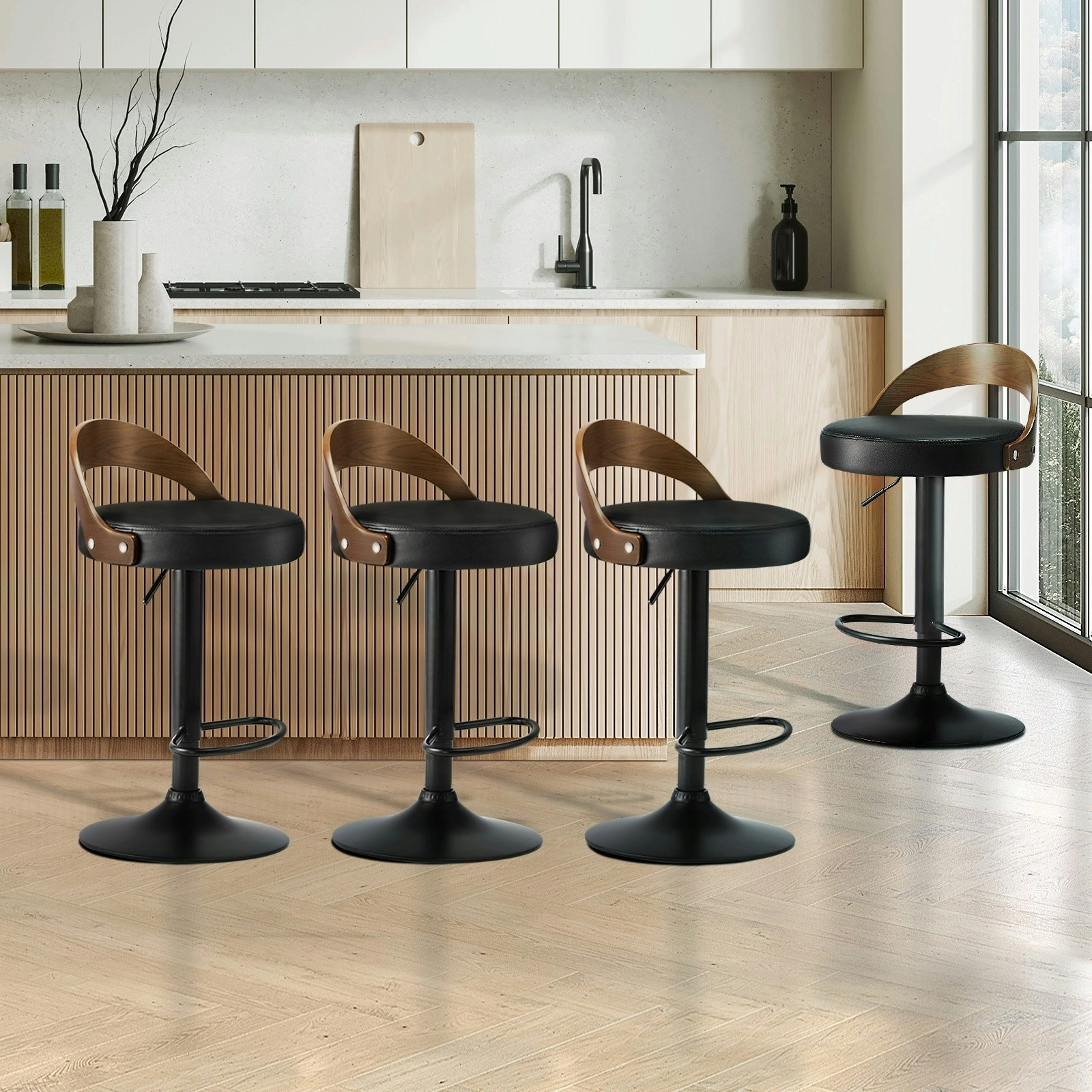 Oikiture 4x Kitchen Bar Stools Gas Lift Swivel Chairs Stool Wooden PU Leather