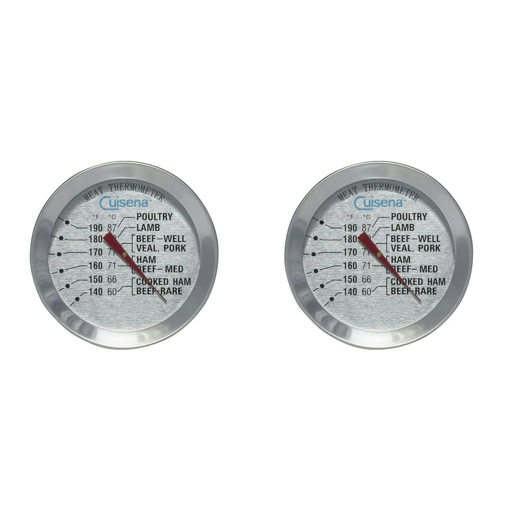 2x Cuisena Round Analogue Stainless Steel Glass Meat Thermometer Cooking Silver