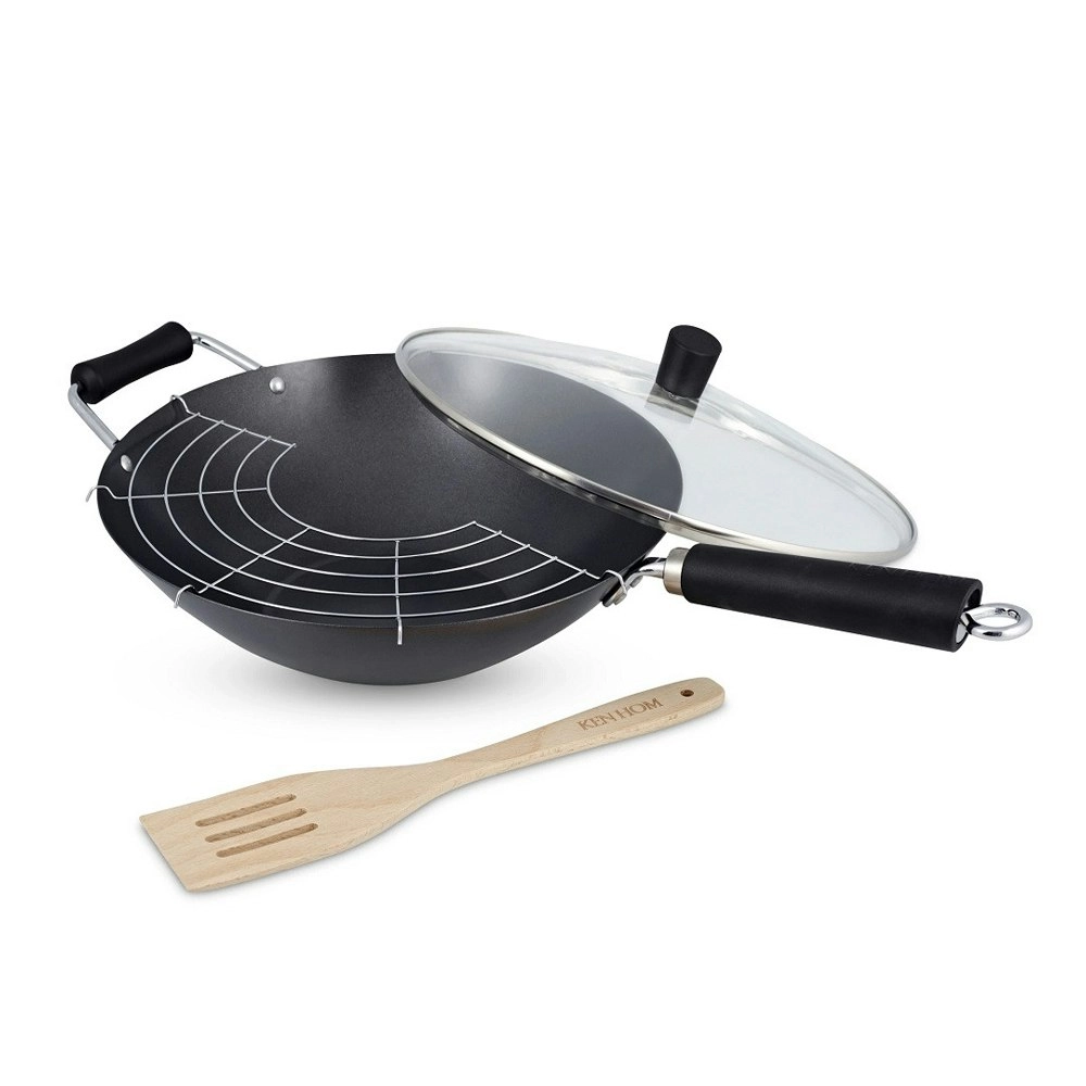 4pc Ken Hom Carbon Steel 31cm Non-Stick Wok Frying Pan w/ Lid/Rack/Turner Set