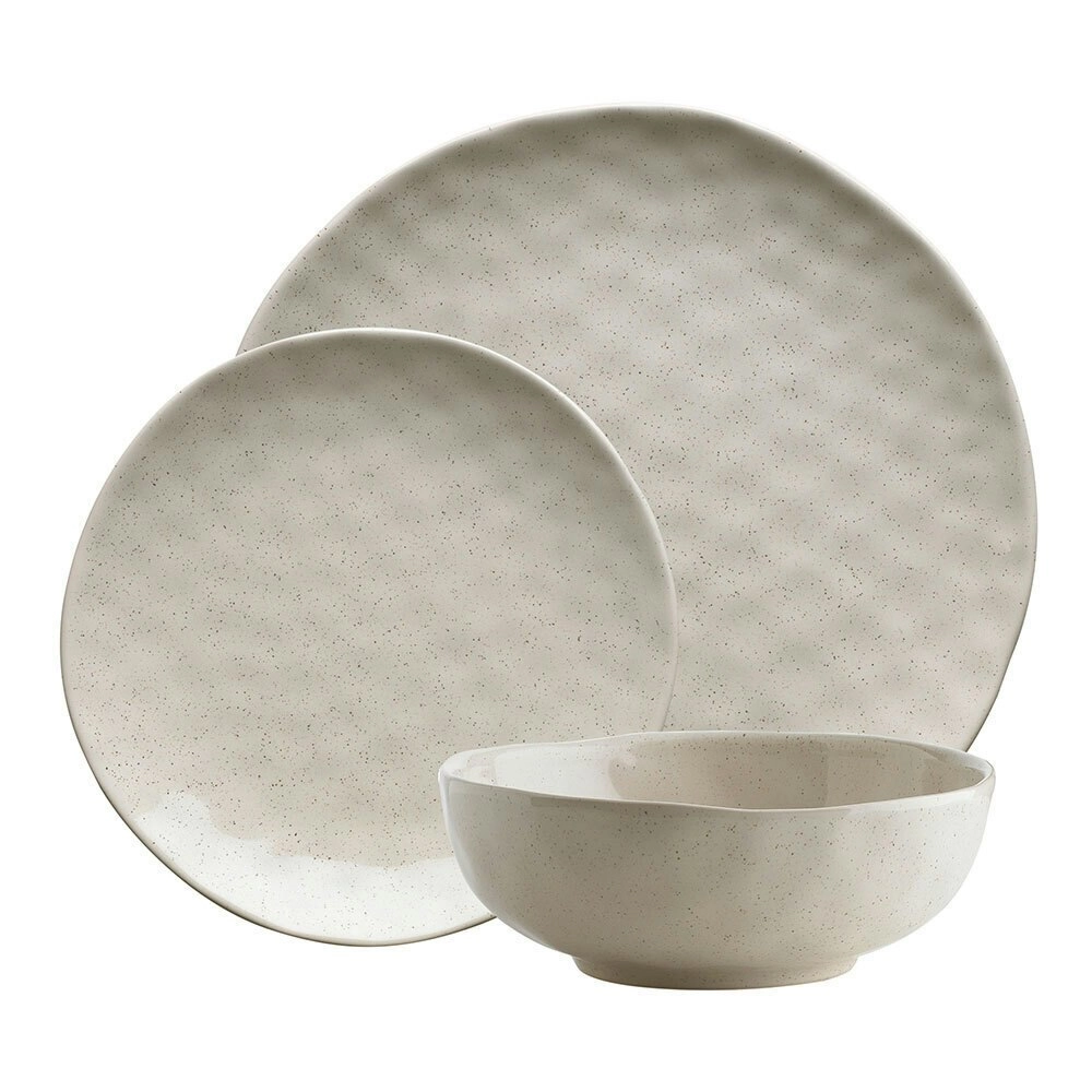 12pc Ecology Speckle Dinner/Side Plate/Noodle Bowl Gloss Tableware Set Oatmeal