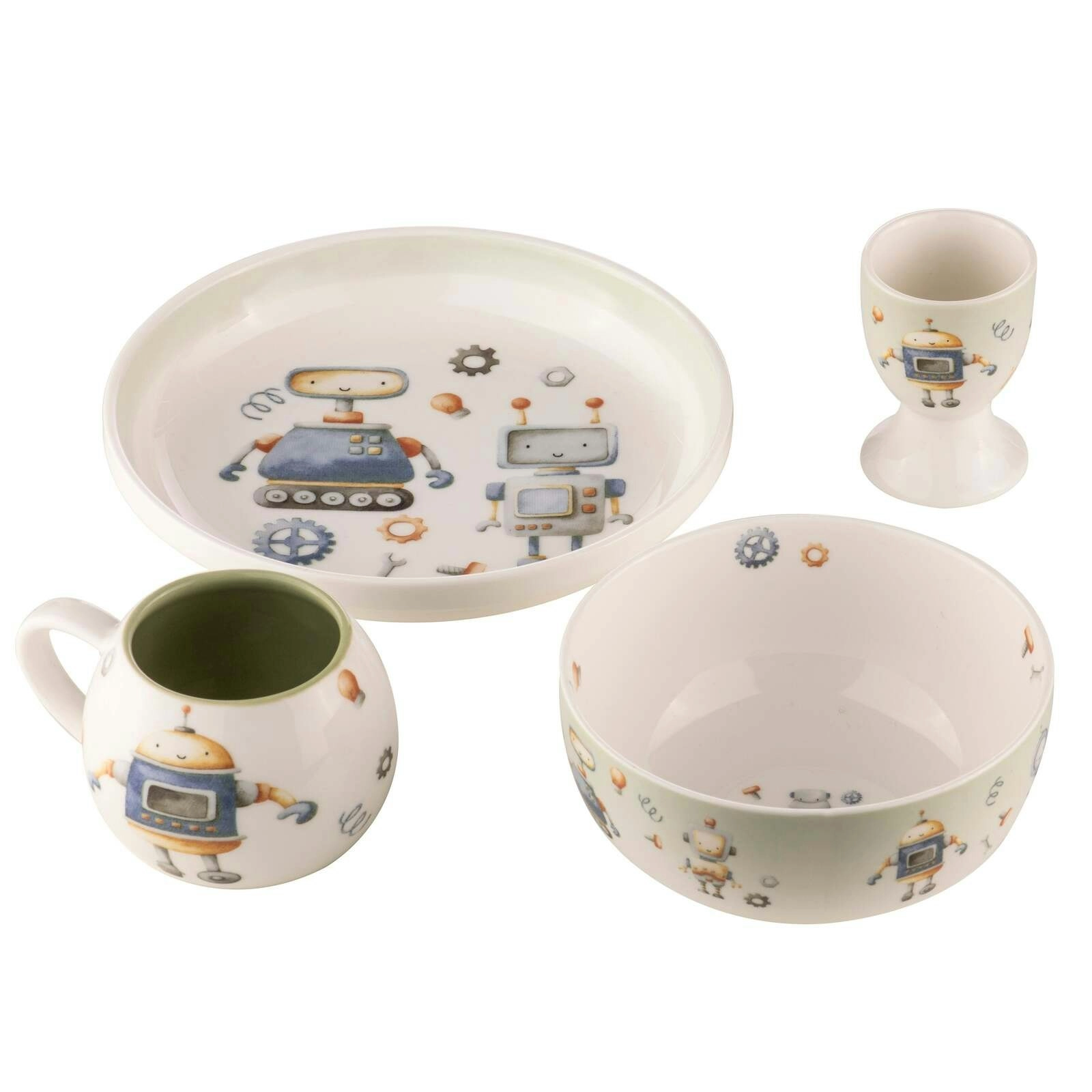 4pc Ashdene Robots Kids Ceramic 200ml Drinking Mug Egg Cup/Bowl & Plate Set