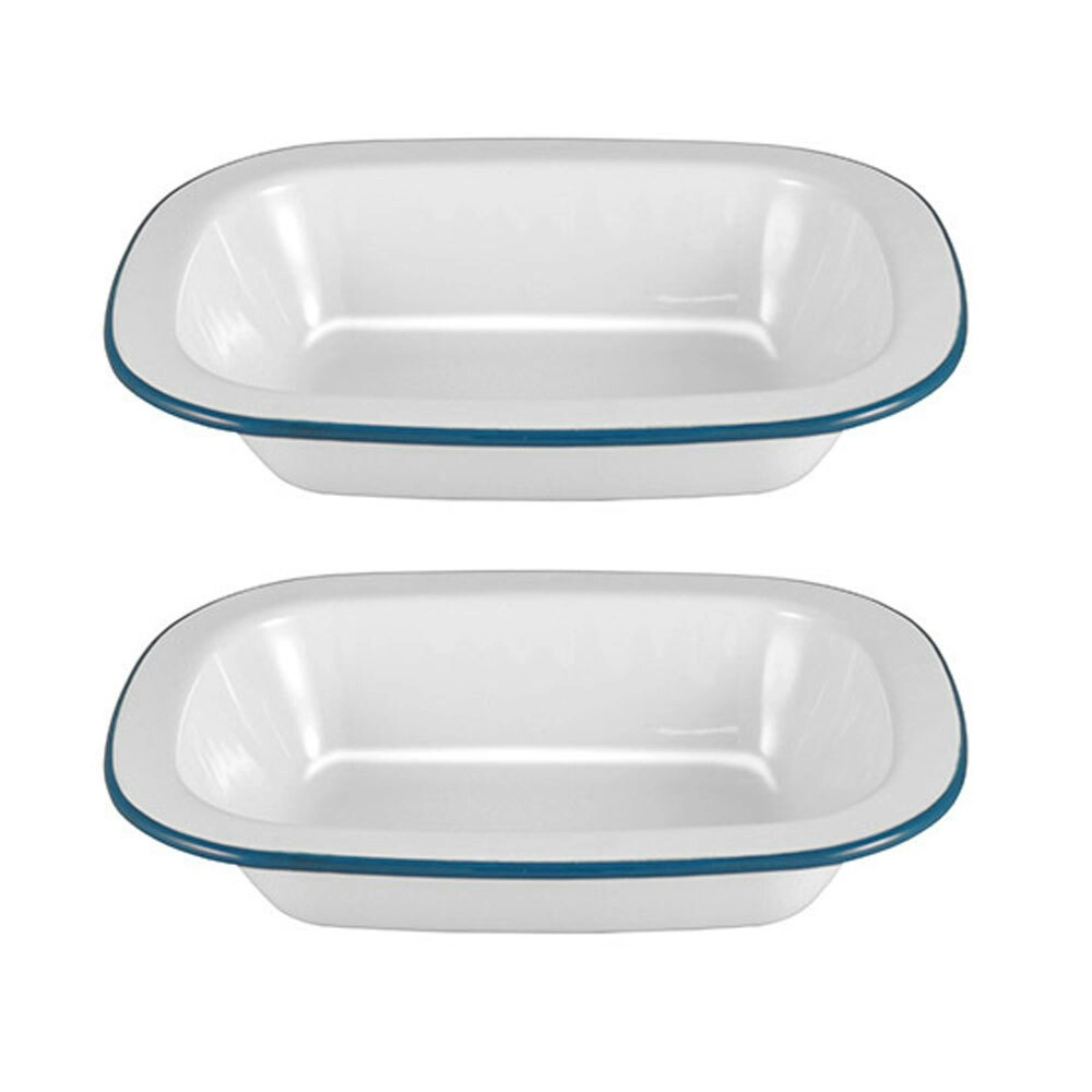 2x Urban Style Enamelware 18cm Pie Dish Rectangle Snack Container w/Blue Rim WHT