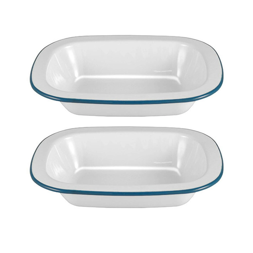 2x Urban Style Enamelware 20cm Pie Dish Rectangle Snack Container w/Blue Rim WHT