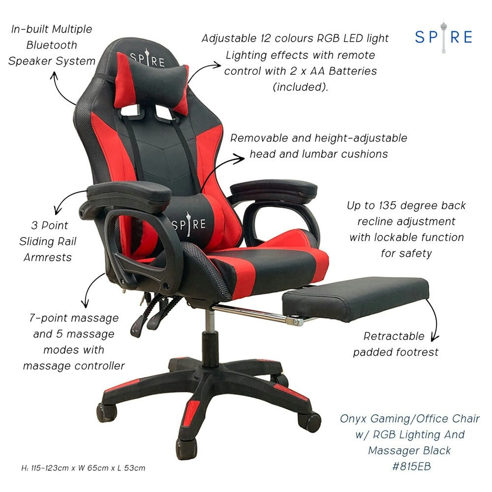 Spire Onyx Gaming/Office Chair w/ RGB Lighting And Massager Red And Black