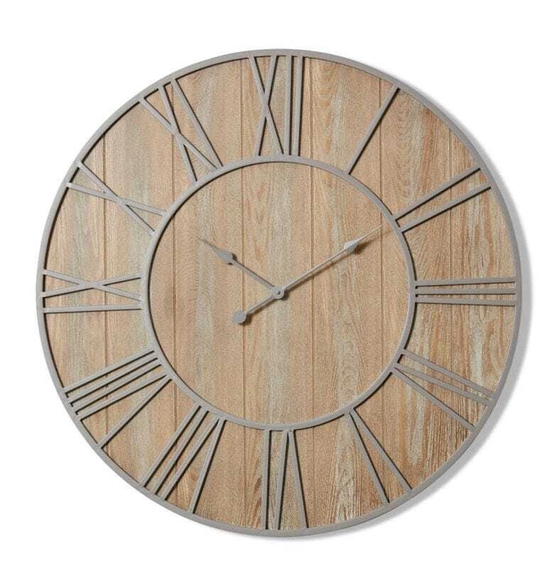 E Style Daxton Metal/MDF 90cm Wall Clock Hanging Round Analogue Natural/Grey