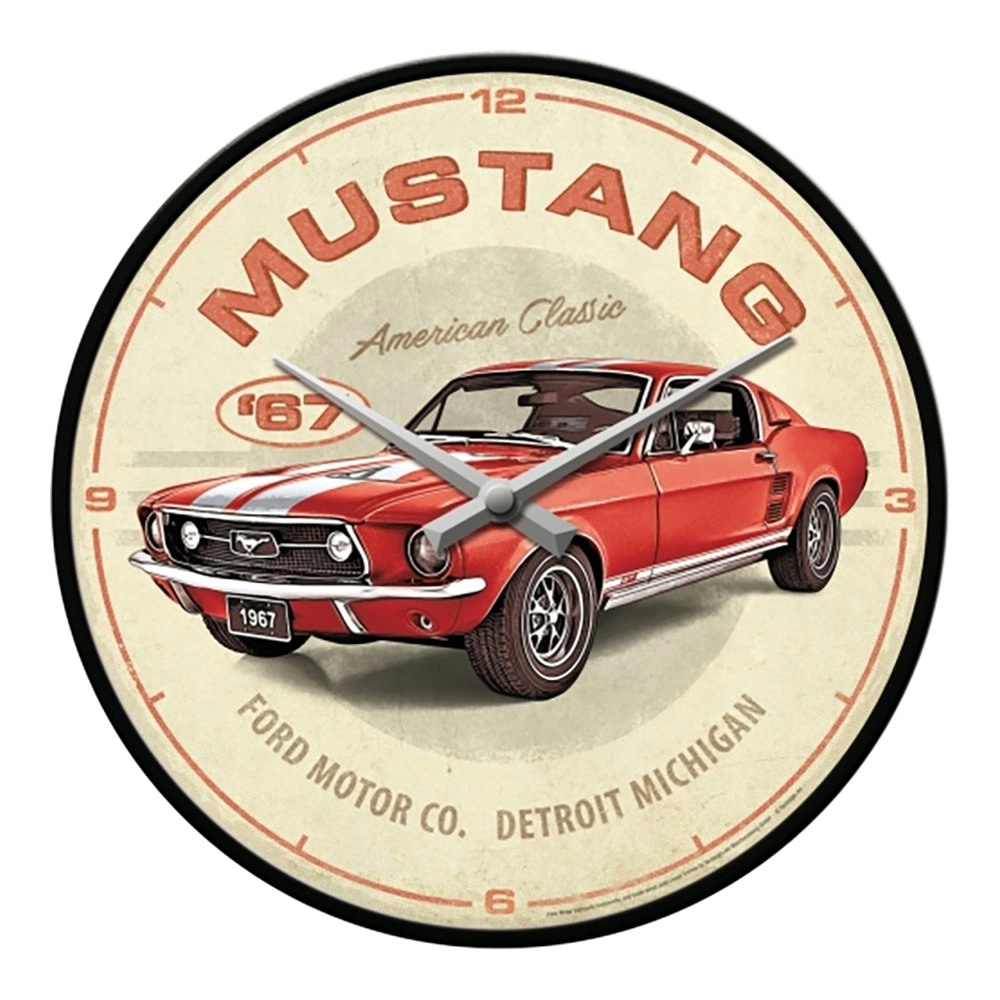 Nostalgic Art 30cm Metal Frame Wall Clock Ford Mustang GT 1967 Home Decor Red