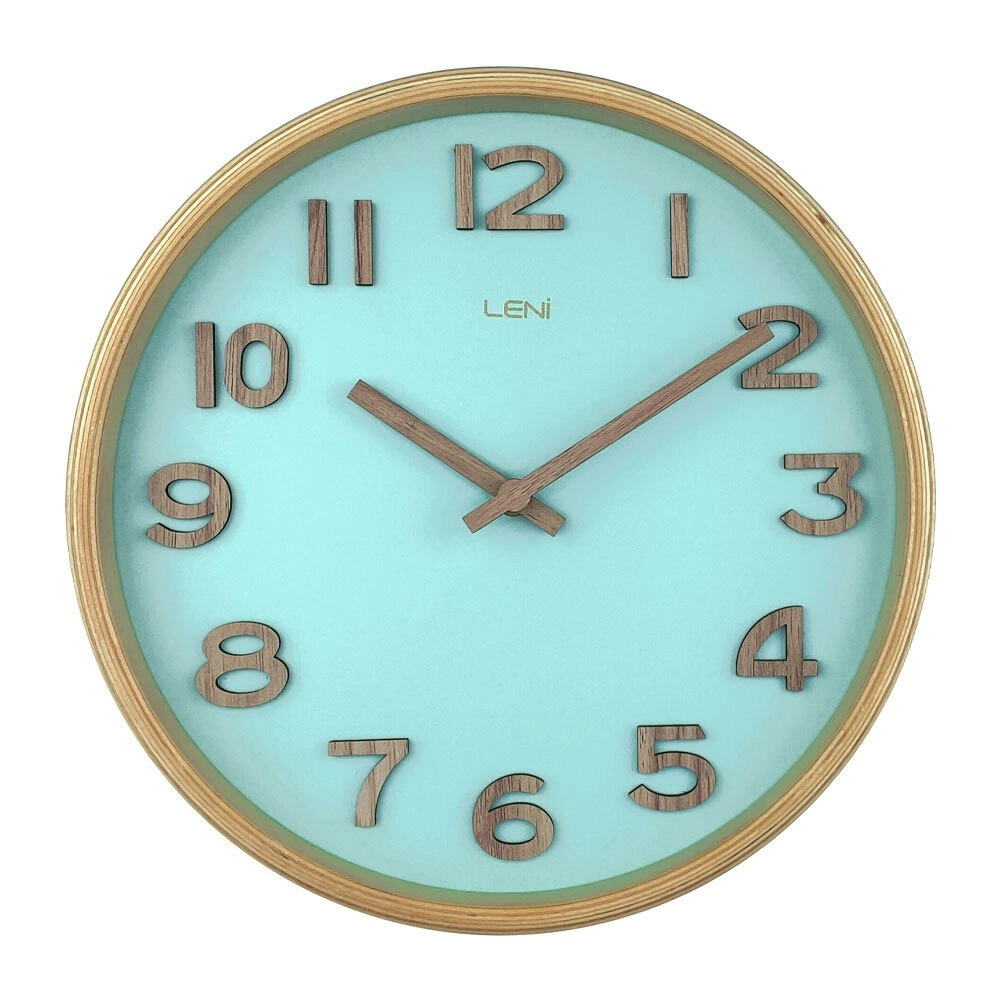 Leni Tilia Silent Sweeping Wooden Home Wall Timepiece Clock 25.5cm Teal