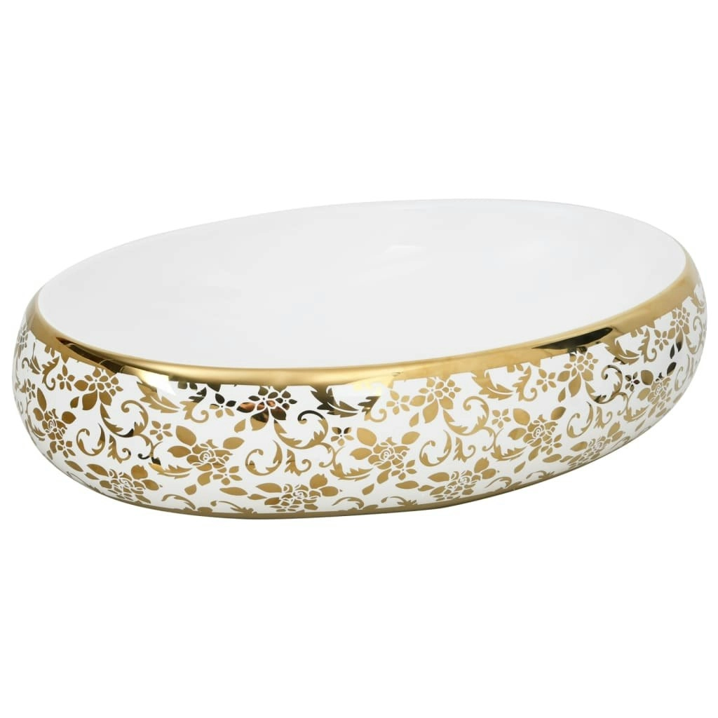 Countertop Basin White and Gold Oval 59x40x15 cm Ceramic 155111