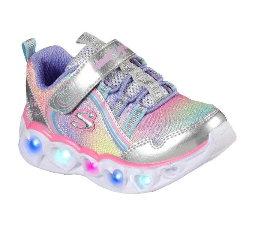 Kids Skechers Heart Lights - Rainbow Lux Silver/Multi Infant Girls Light Up Trainers