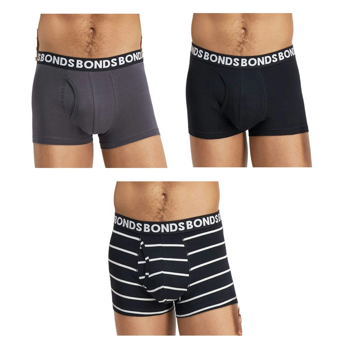 9 x Mens Bonds Everyday Trunks Underwear Black Stripe / Charcoal / Black