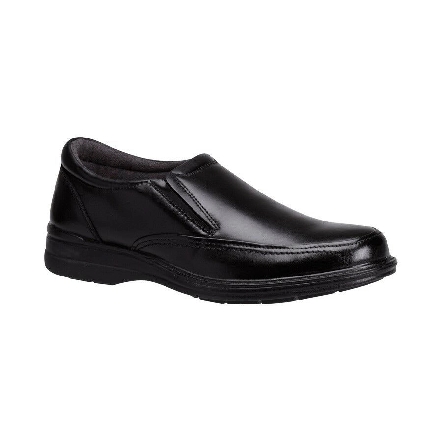 Mens Hush Puppies Transit Extra Wide Black Leather Work Slip On Shoes