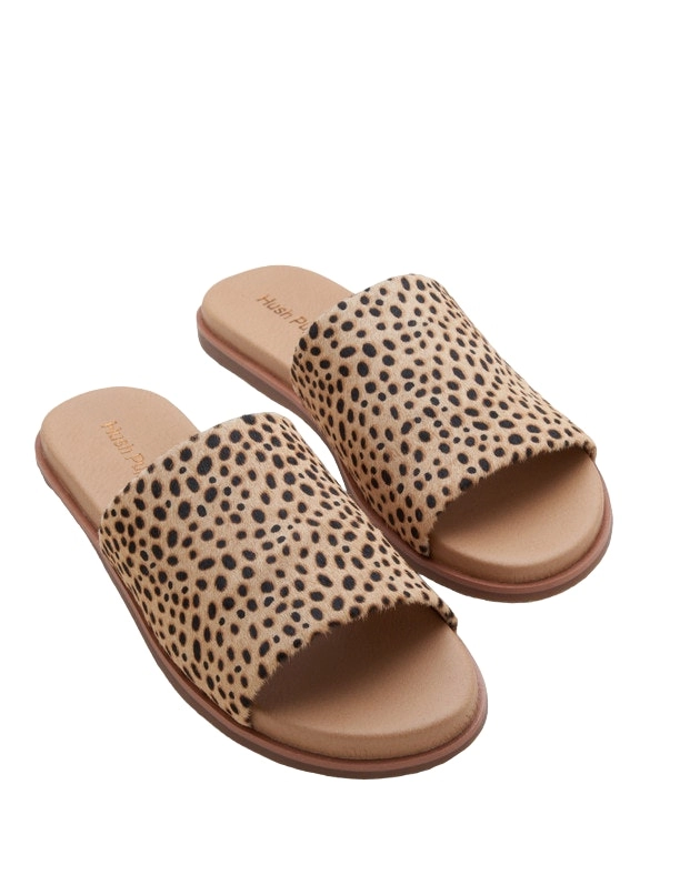 Hush Puppies Womens Paradise Slip On Leather Slides Tan Spotted Leopard Sandals