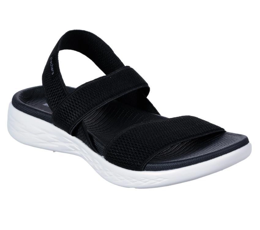 Womens Skechers On-The-Go 600 - Flawless Black/White Slip Ons Slides Sandals