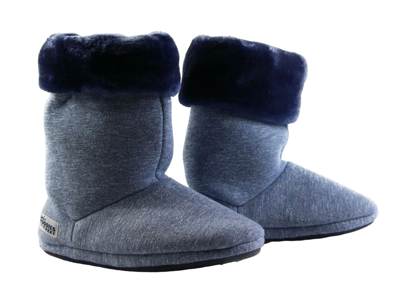 Womens Grosby Hoodies Boots Plush Fluffy Navy Slippers