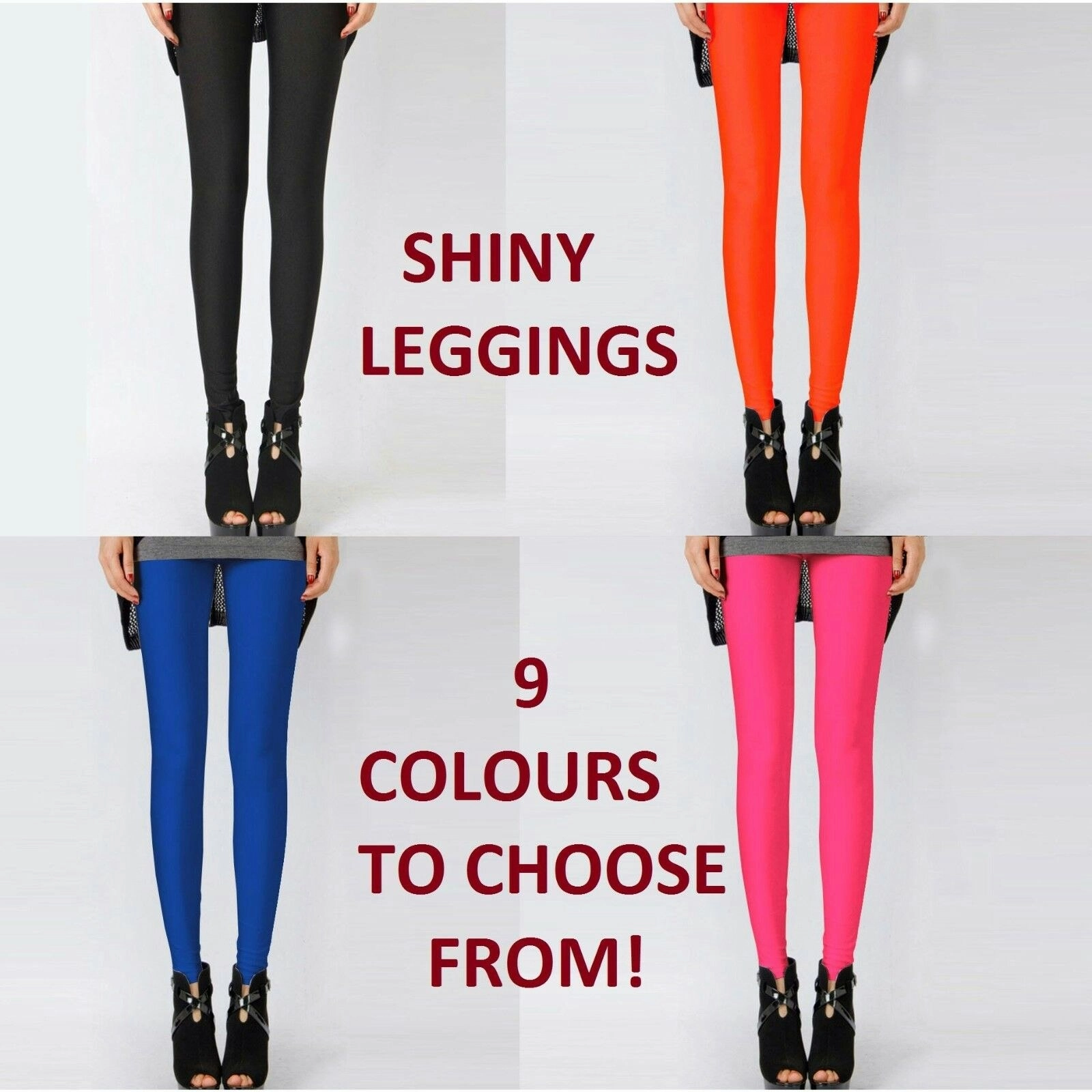 Womens Shiny Neon Leggings Fluro Stretch Metallic Pants Black Pink Dance Yoga