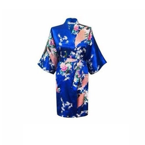 Bride Bridesmaid Gown Robe Satin Kimono Short Floral Bridal Wedding Royal Blue