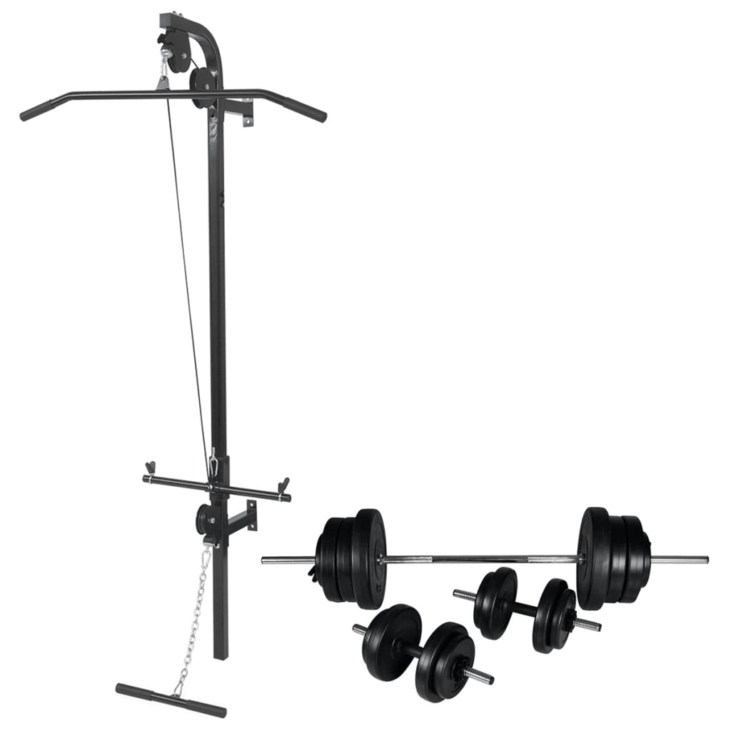 Wall-mounted Power Tower with Barbell and Dumbbell Set 60.5 kg 275357