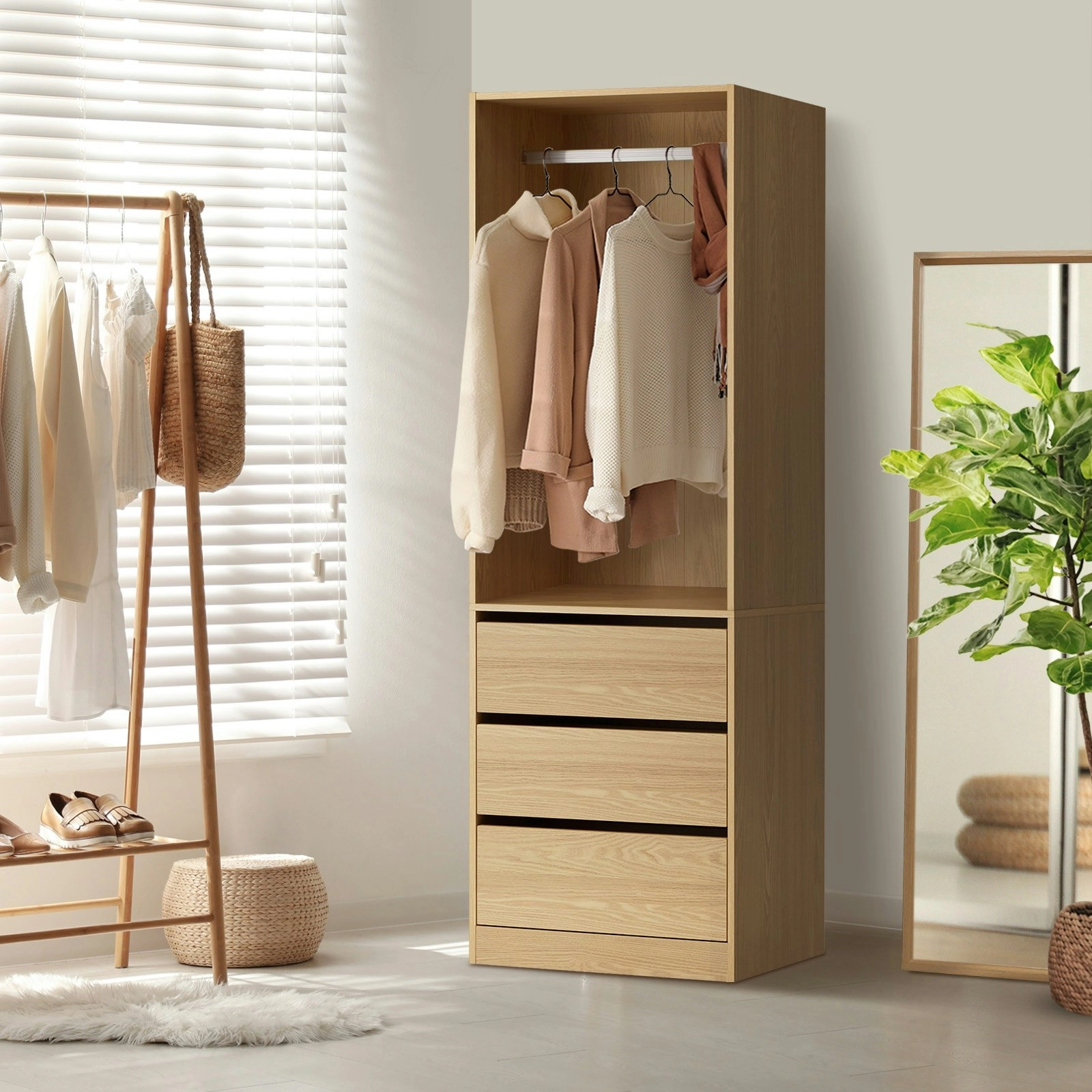 Oikiture Wardrobe Clothes Storage Organizer 3 Drawers Hanging Rail Natural