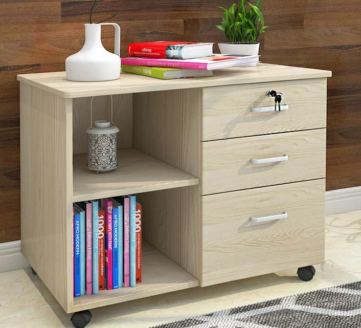 Vibe 3 Drawer and Shelf Utility Side Table with Wheels (White Oak)