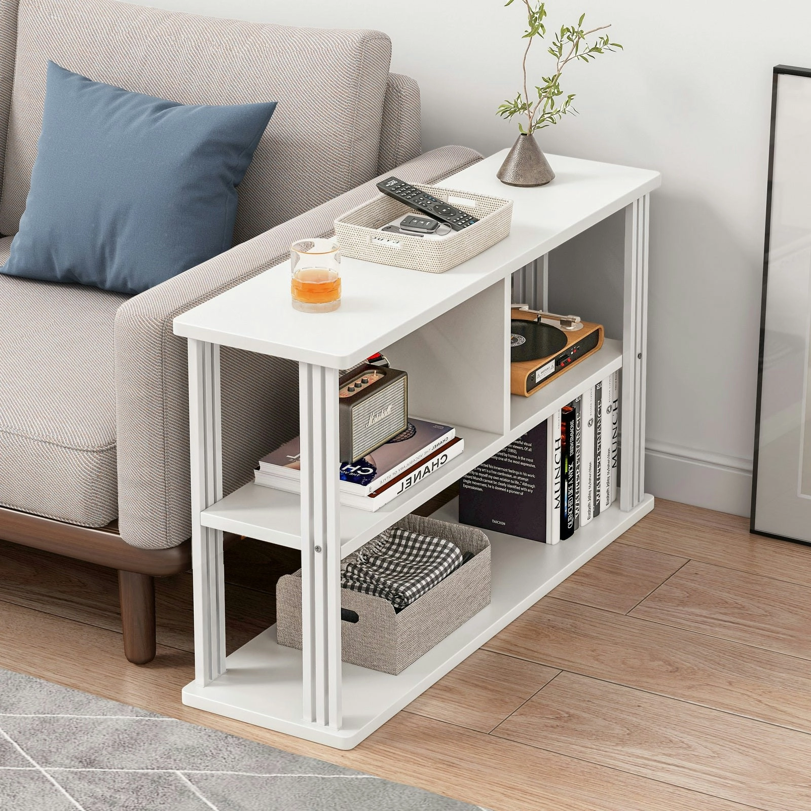 Icon Wood and Steel Sofa Side Table with Shelves (White)