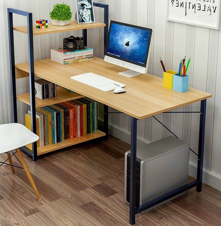 Exceeder Large Workstation Wood & Steel Computer Desk with Storage Shelves (Natural Oak)