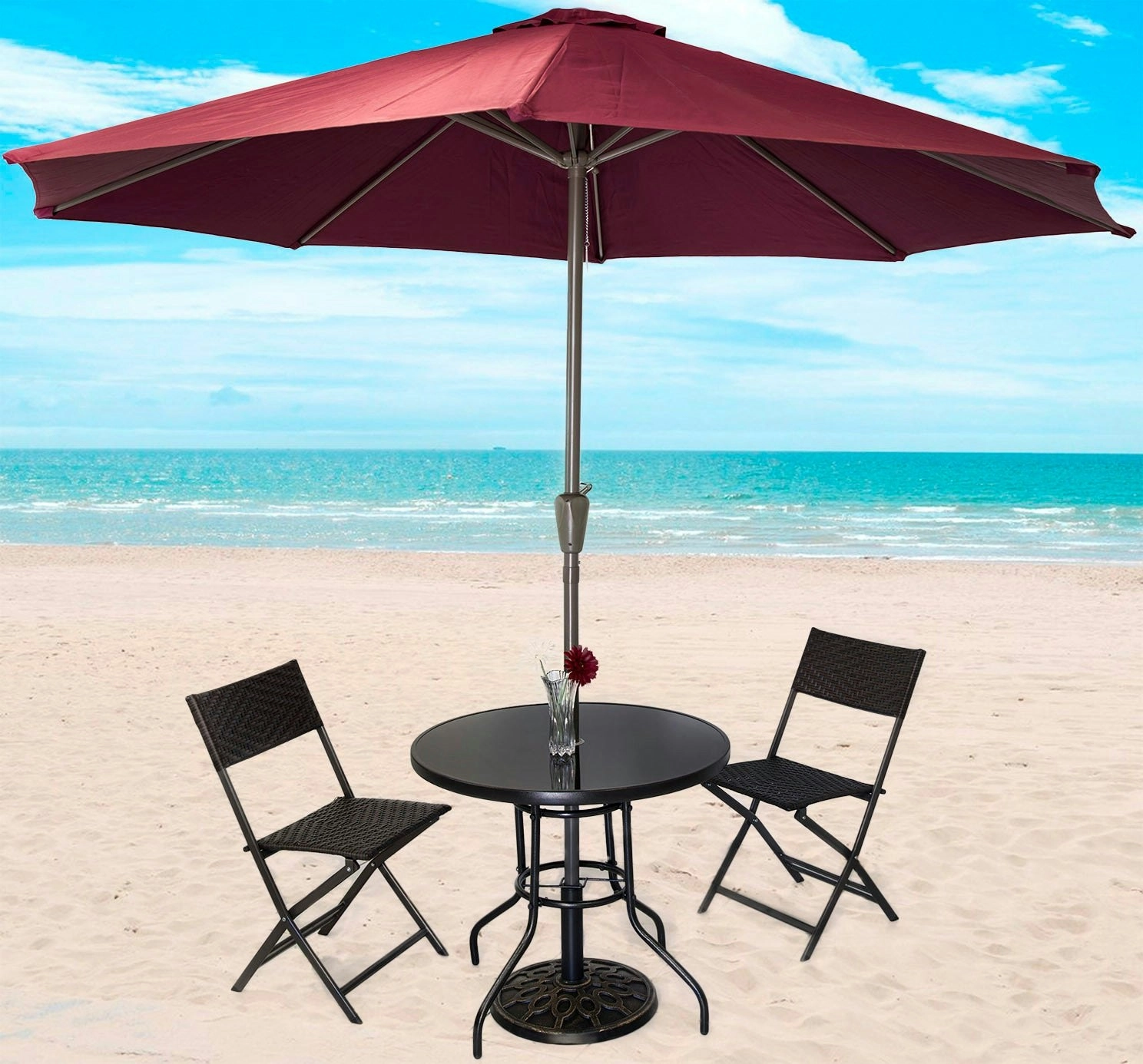 Alfresco 5PC Outdoor Setting (Maroon Umbrella & Stand, 2 Rattan Chairs, Round Table)