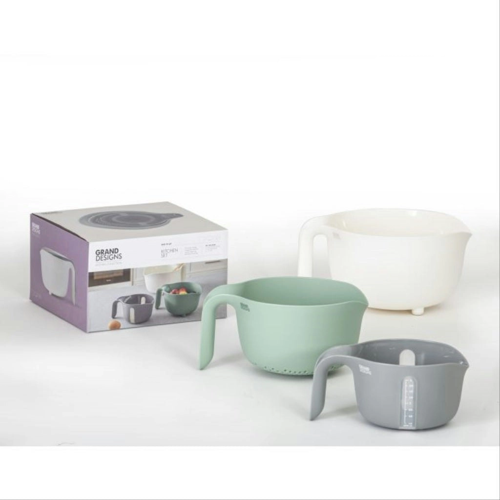 Grand Designs Kitchen Mix It Up 3 Piece Kitchen Set White/Green/Grey 3.3L Mixing Bowl/2L Colander/1L Measuring Jug