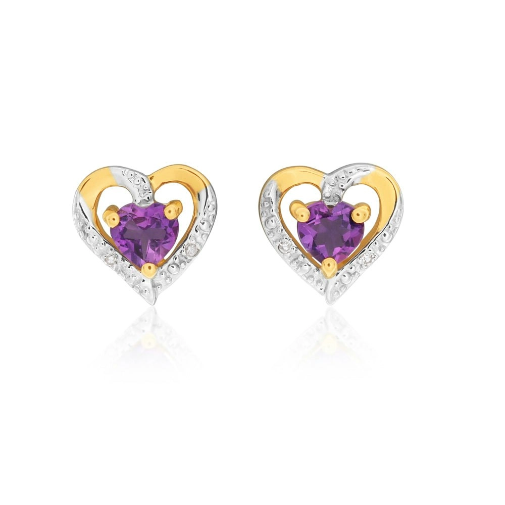 9ct Yellow Gold Amethyst & Diamond Heart Studs