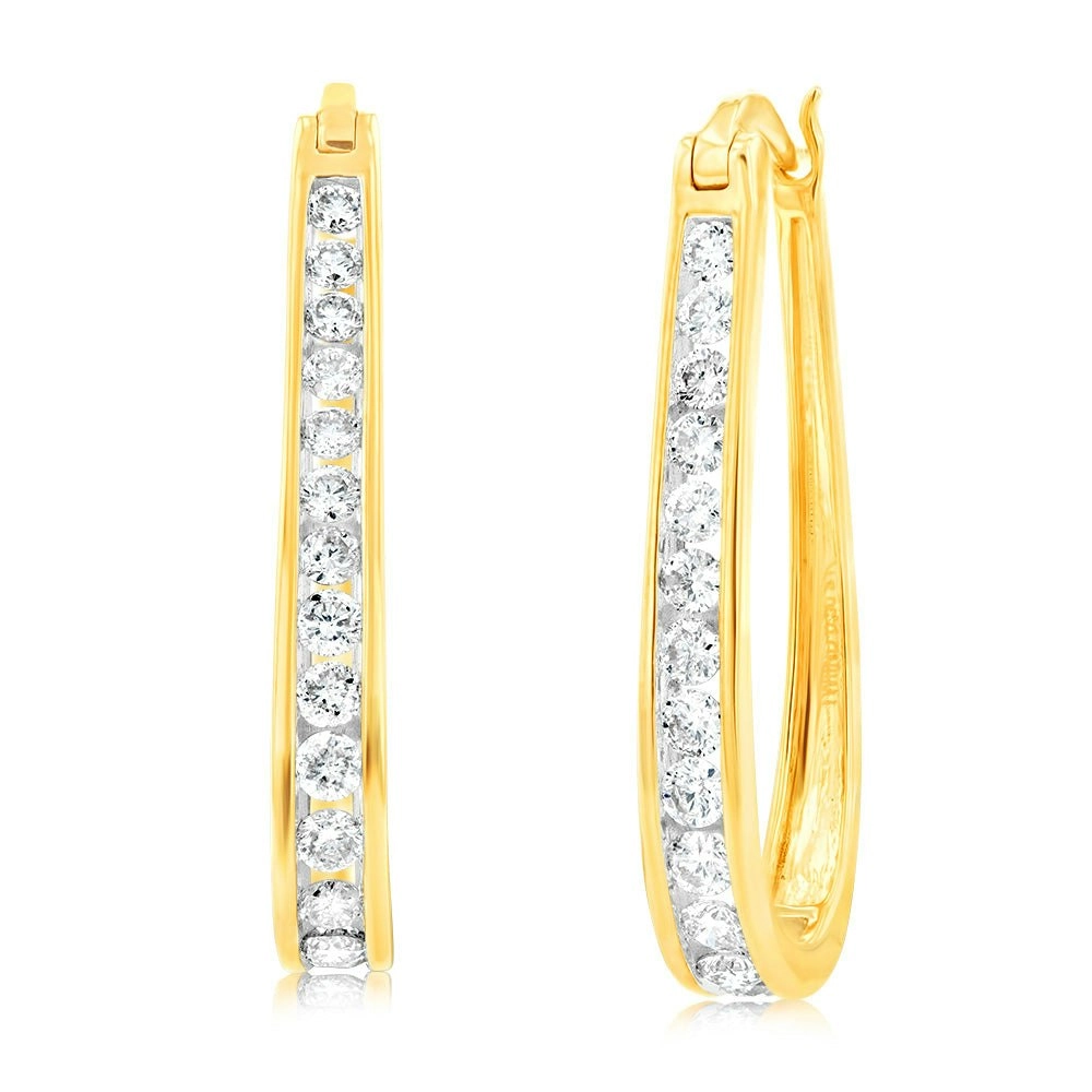 9ct Yellow Gold 1 Carat Channel Set Hoop Earrings with 28 Brilliant Diamonds