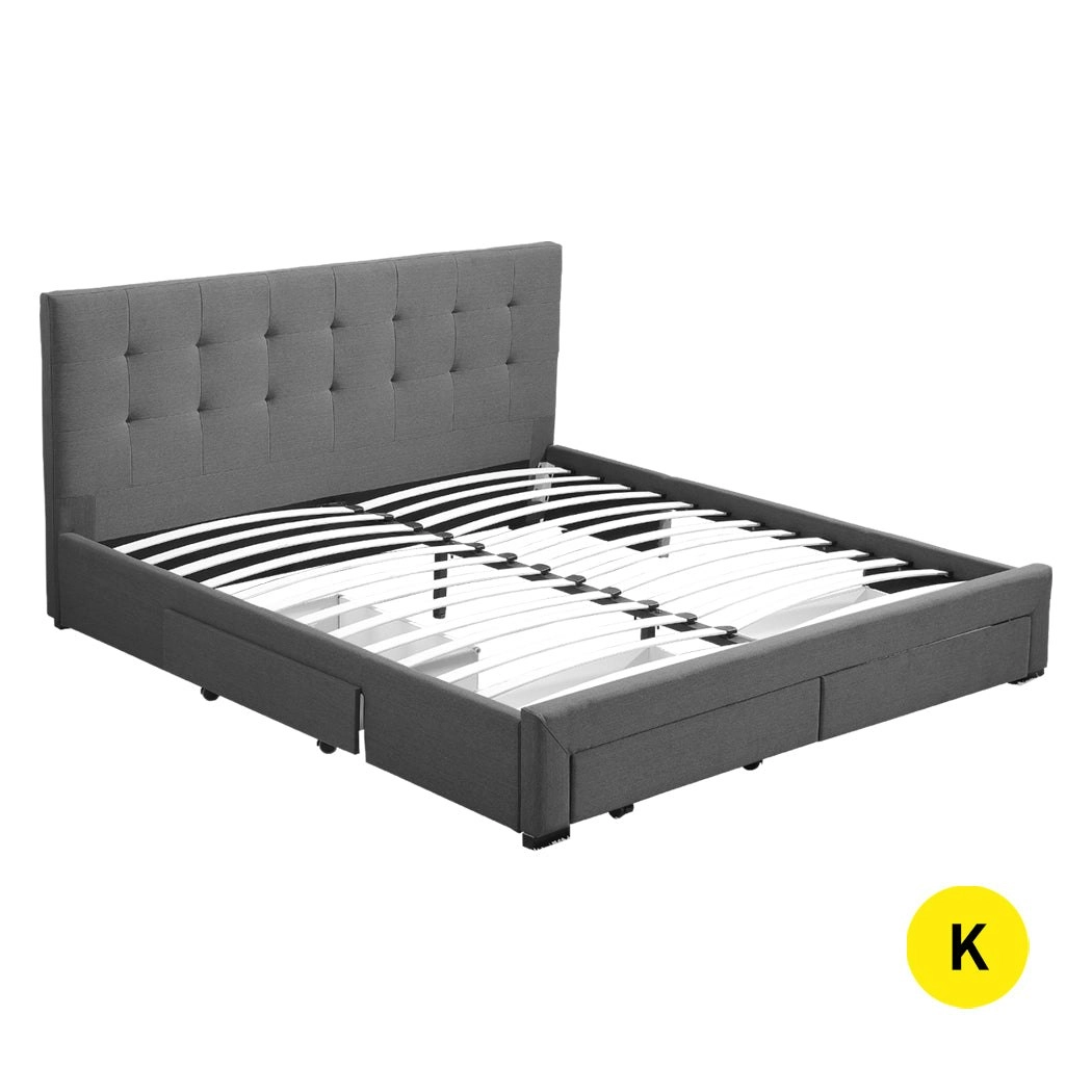 Levede Bed Frame King Fabric With Drawers Storage Wooden Mattress Grey