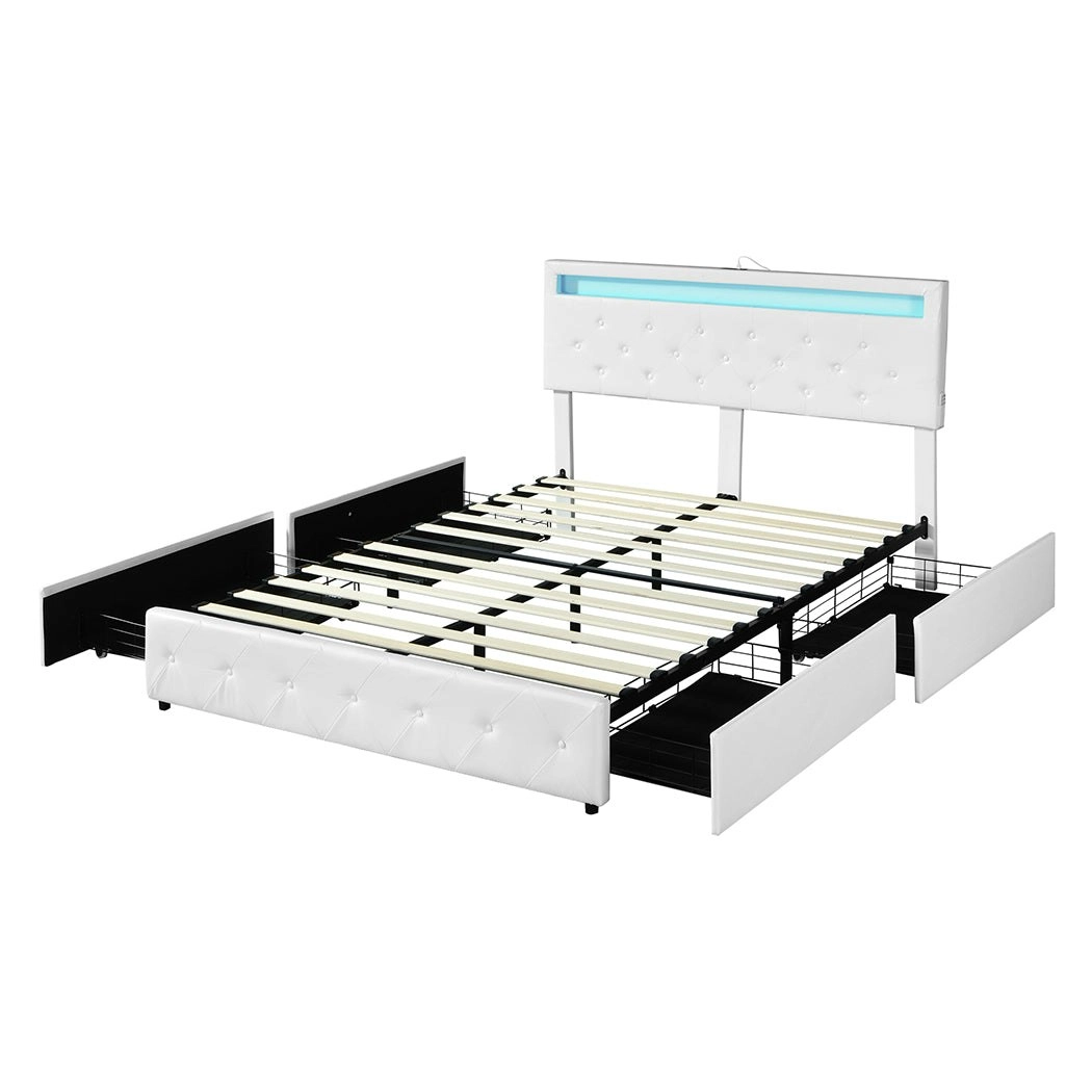 Levede Double Bed Frame RGB LED PU Leather Mattress Base 4 Drawer USB Charge