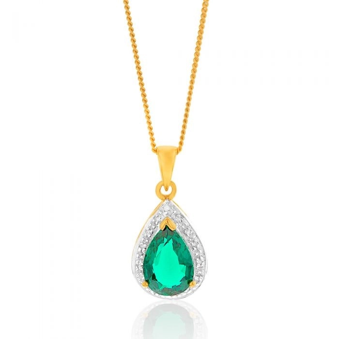 9ct Yellow Gold Created Emerald and Diamond Pendant