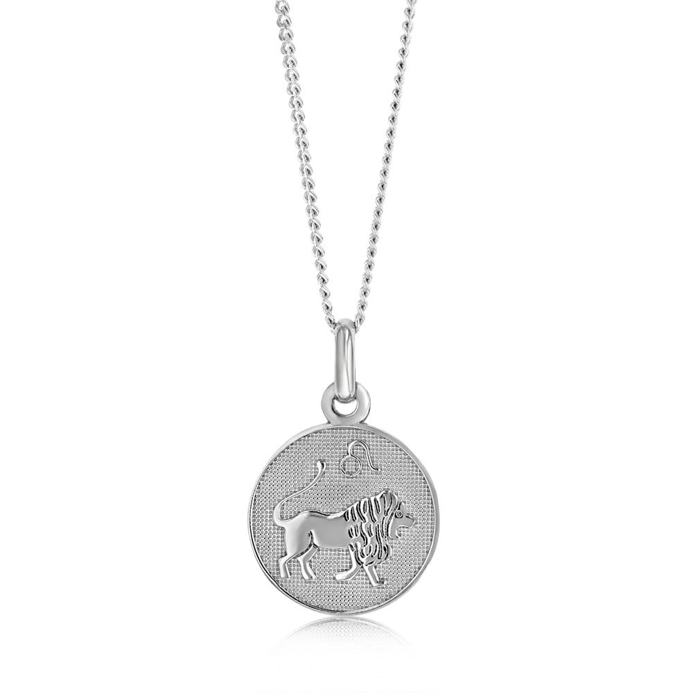 Sterling Silver Rhodium Plated Round Zodiac Leo Pendant