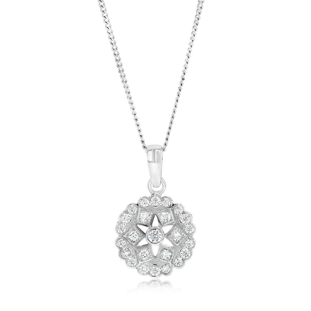 Sterling Silver Geometric Flower Cubic Zirconia Pendant