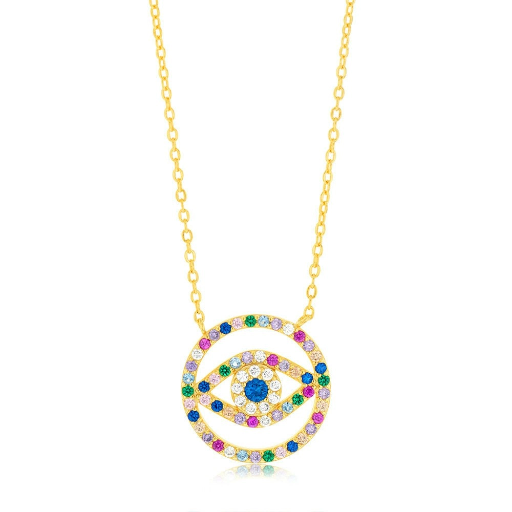 Sterling Silver Gold Plated Multicolour Zirconia Evil Eye Pendant on 45.7cm Chain