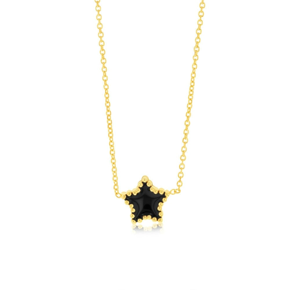 Sterling Silver Gold Plated Black Enamel Star Pendant on 42+3cm Chain