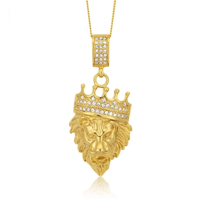 Stainless Steel and Gold Plated Crystal  Lion Head with Crown Pendant