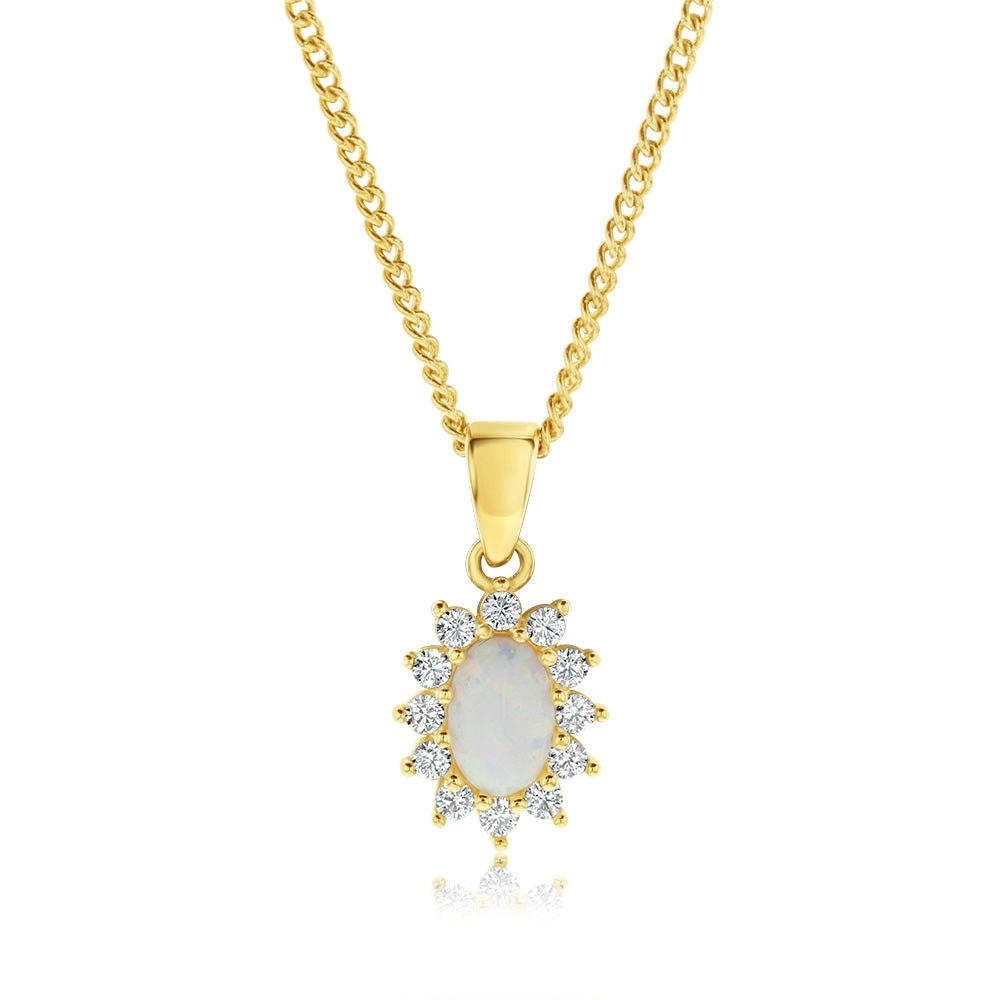 9ct Yellow Gold Cubic Zirconia And Opal Oval Flower Pendant