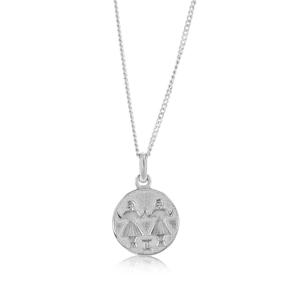 Sterling Silver Rhodium Plated Round Zodiac Gemini Pendant