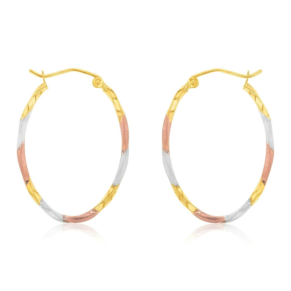 9ct Yellow, Rose, White Three Tone Twist Tube Hoop Earrings