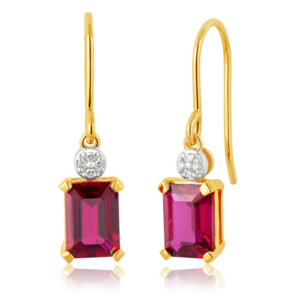 9ct Yellow Gold Created Ruby 7x5mm and Diamond Drop Earrings