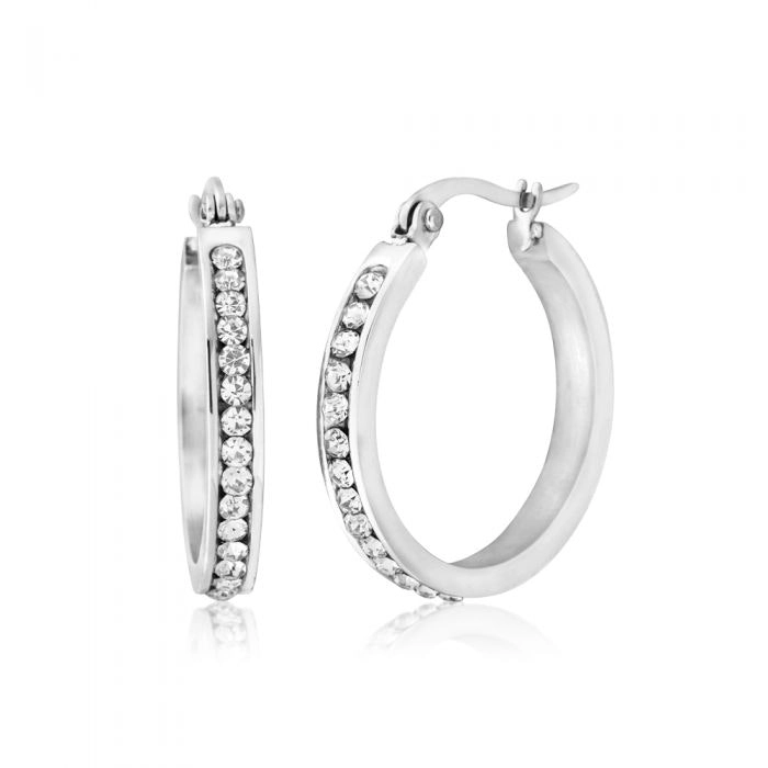 Stainless Steel 25mm Full Circle Crystal Hoop Earrings