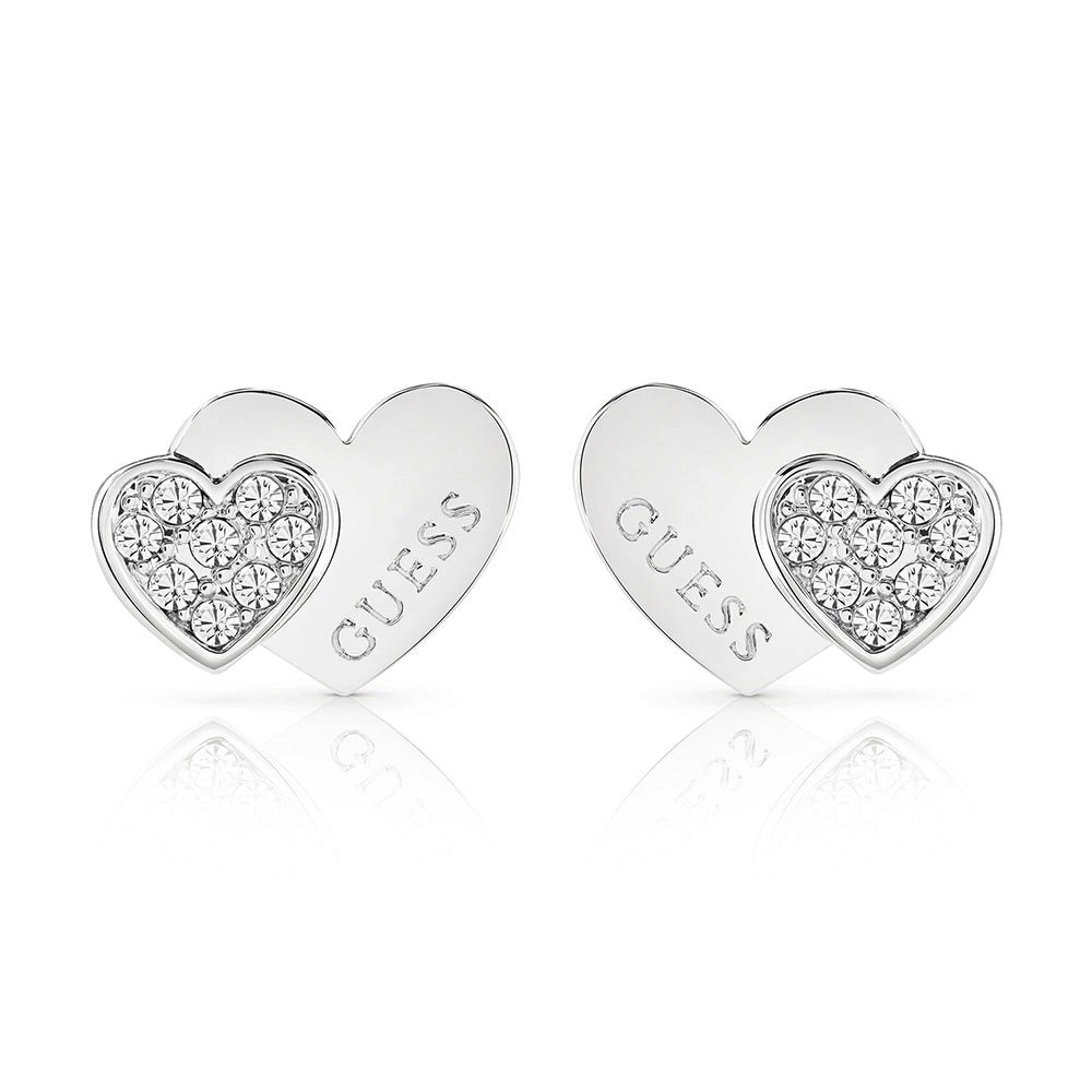 Guess Stainless Steel Double Heart Pave Stud Earrings