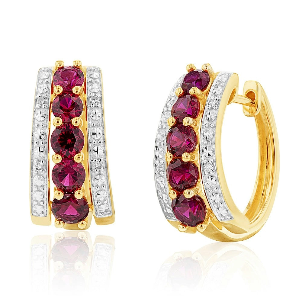 9ct Yellow Gold Created Ruby and Diamond Huggie Hoop Earrings