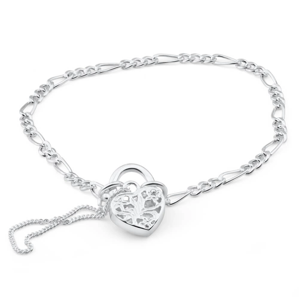 Sterling Silver Figaro 1:3 Heart Padlock Bracelet