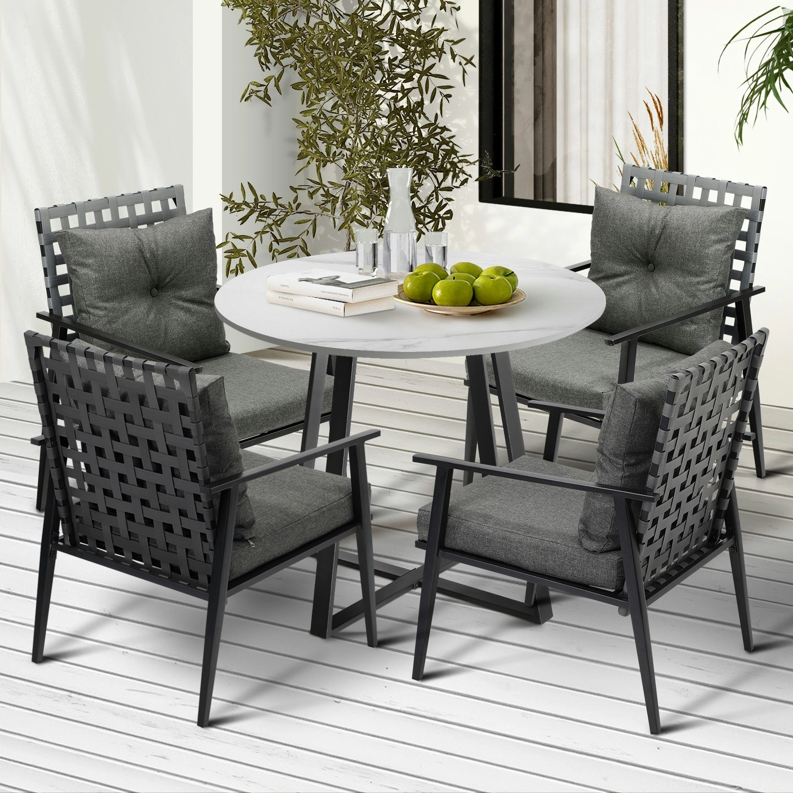 Livsip Outdoor Dining Set 4 Seater Marble Table Patio Furniture Rattan Armchair