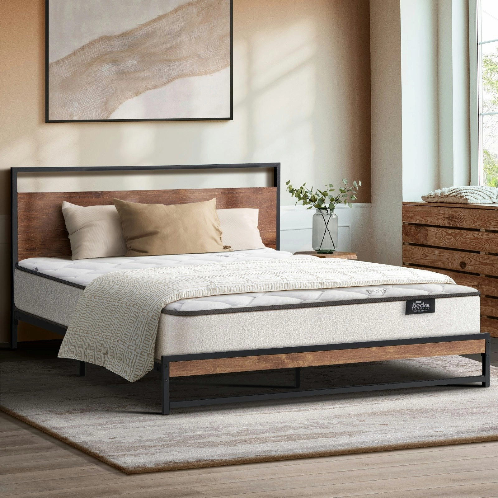 Oikiture Metal Bed Frame Queen Size Beds Platform with Mattress