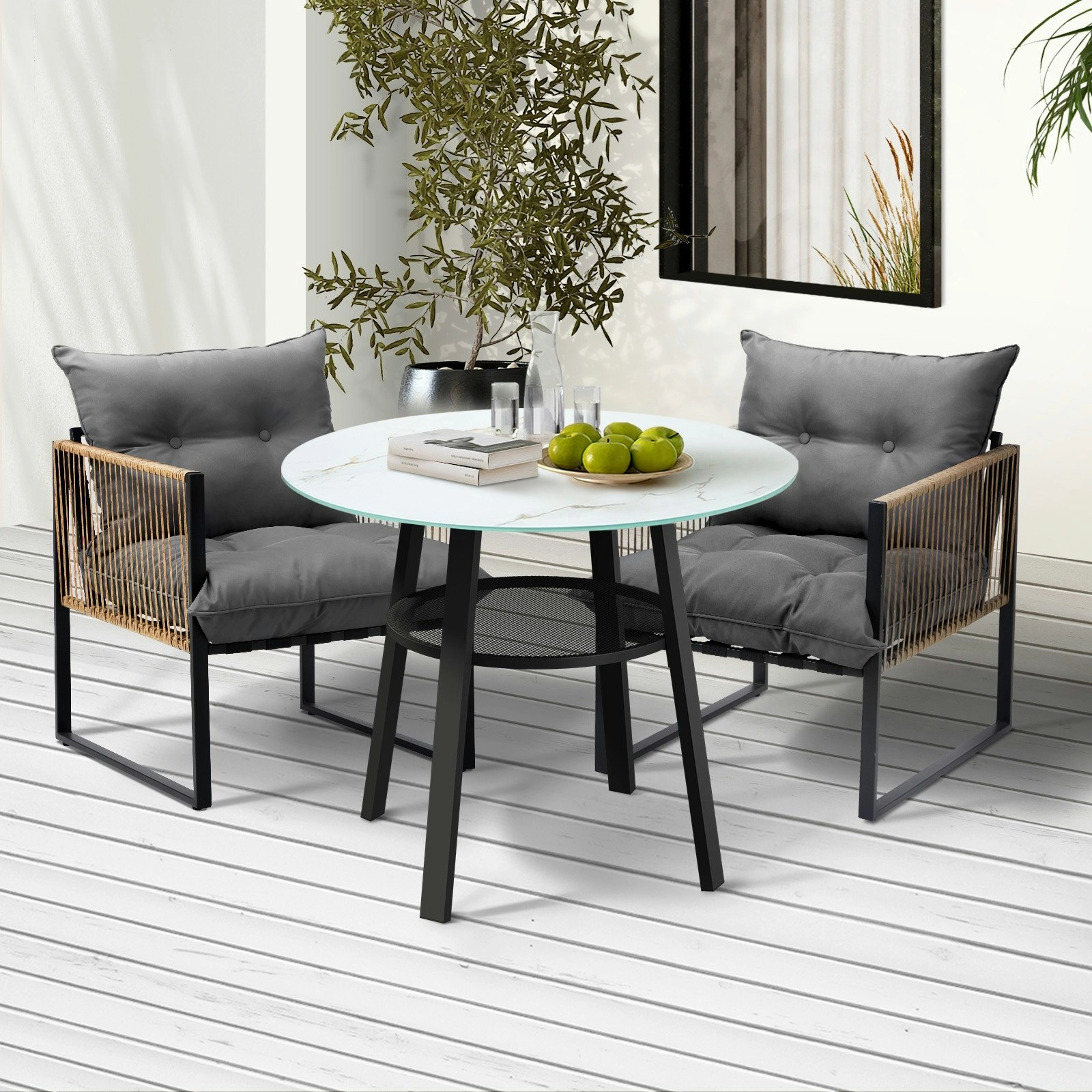 Livsip Outdoor Patio Set Furniture 2 Seater Bistro Setting Table w/Storage Shelf